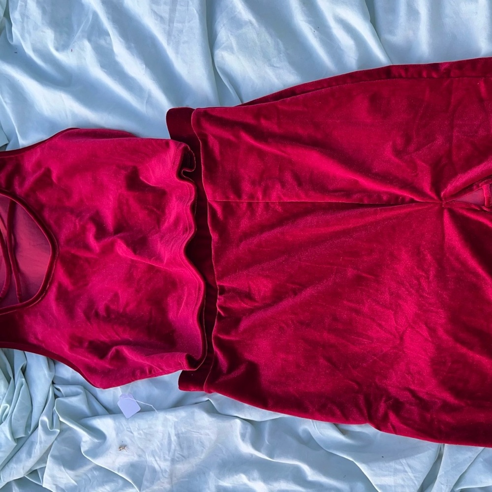 Velvet red mocked neck  cropped top open detailing & asymmetrical maxi skirt